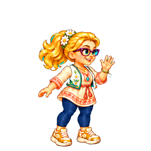 Our flower-crowned heroine in a teal vest, cream tunic, navy leggings, and golden shoes