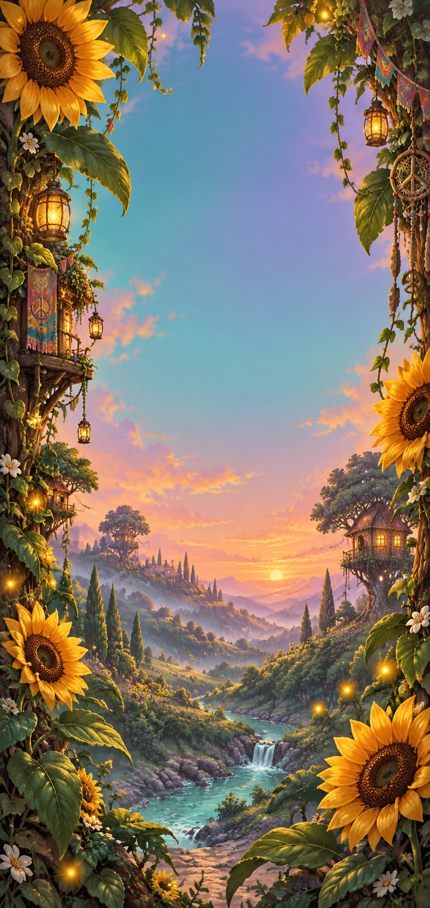 A peaceful sunflower sanctuary filled with lanterns and distant mountains