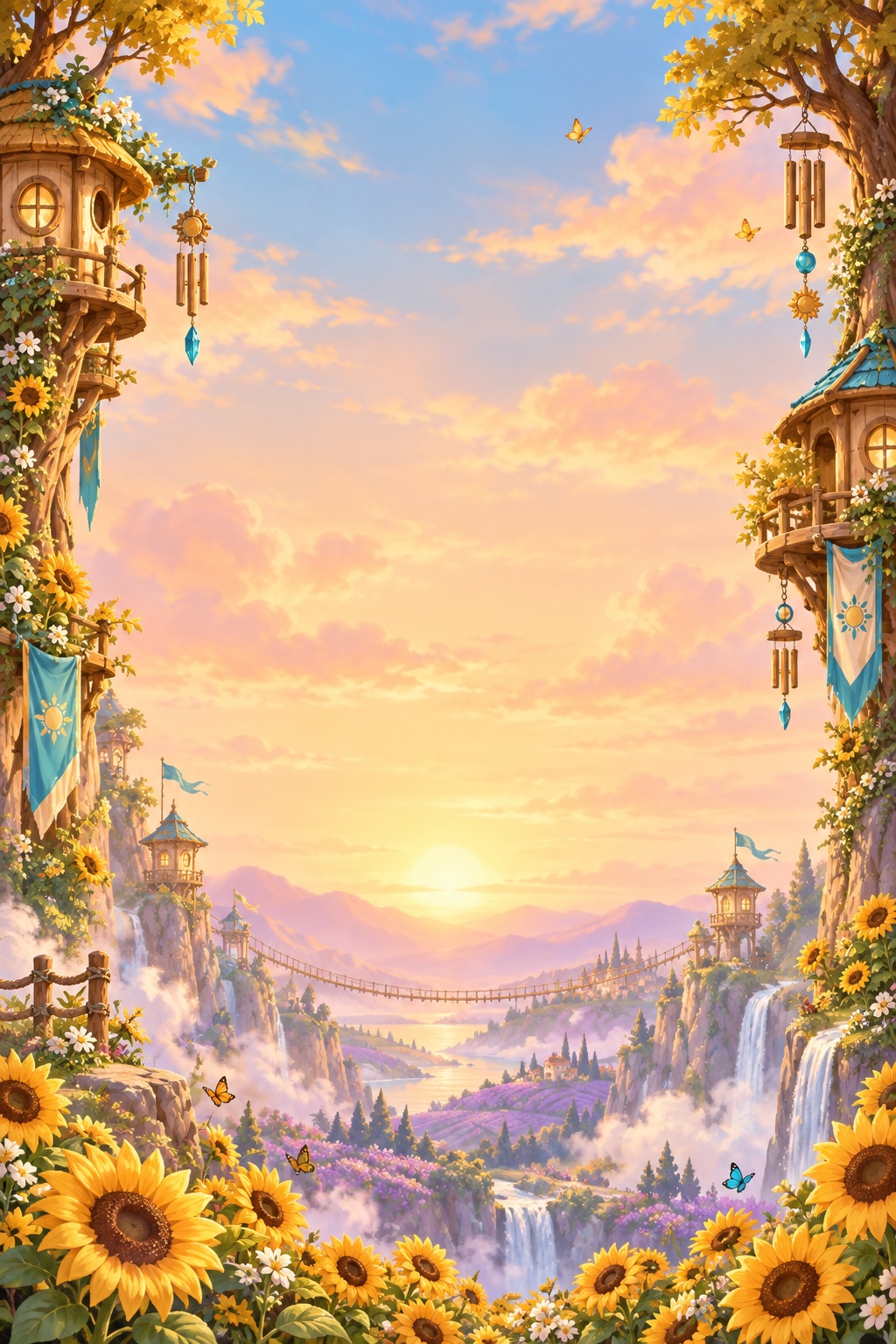 Sunflower bridge above a golden valley